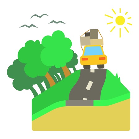 Trip by car on road concept. Flat illustration of trip by car on road vector concept for webのイラスト素材