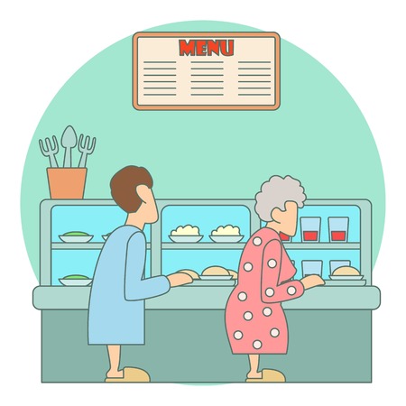 Queue in canteen for food concept. Flat illustration of queue in canteen for food vector concept for webのイラスト素材