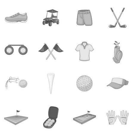 Golf icons set. Gray monochrome illustration of 16 golf vector icons for webのイラスト素材