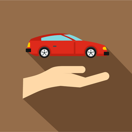Hand and red car icon. Flat illustration of hand and car vector icon for web isolated on coffee backgroundのイラスト素材