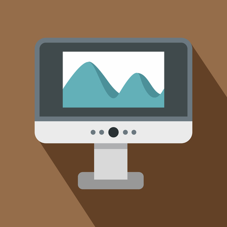 Computer monitor with photo on the screen icon. Flat illustration of computer monitor with photo vector icon for web isolated on coffee backgroundのイラスト素材