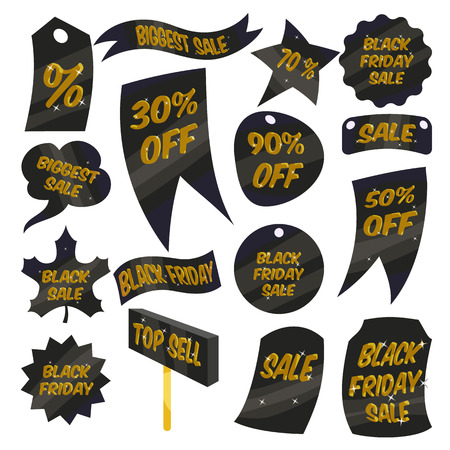 Black Friday Sales labels icons set. Cartoon illustration of 16 Black Friday Sales labels vector icons for webのイラスト素材