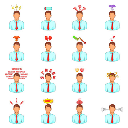 Stress icons set. Cartoon illustration of 16 stress vector icons for webのイラスト素材
