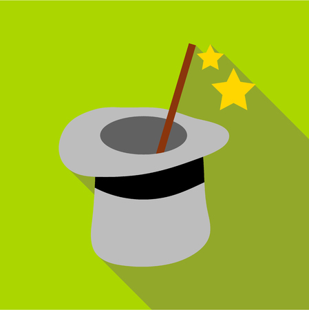 Magic hat and wand icon. Flat illustration of magic hat and wand vector icon for web isolated on green backgroundのイラスト素材