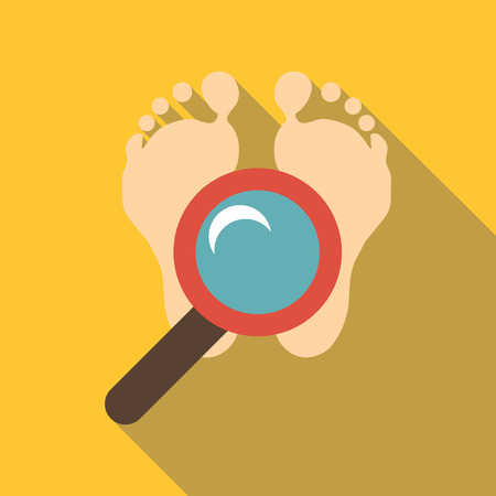 Magnifying glass over the foots icon. Flat illustration of magnifying glass over the foots vector icon for web isolated on yellow backgroundのイラスト素材