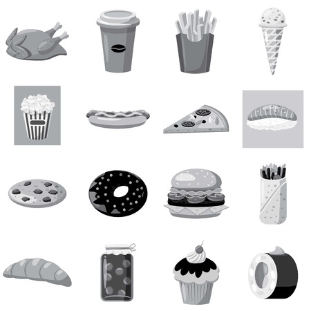 Fast food icons set. Gray monochrome illustration of 16 fast food vector icons for webのイラスト素材