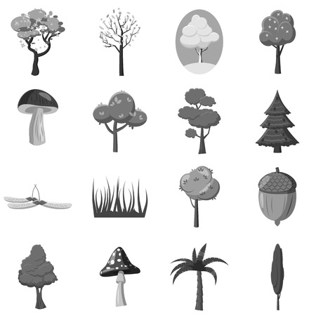 Forest elements icons set. Gray monochrome illustration of 16 forest vector icons for webのイラスト素材