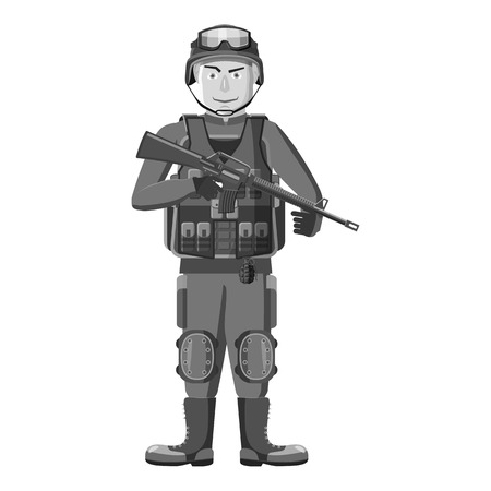 Soldier with weapons icon. Gray monochrome illustration of soldier with weapons vector icon for webのイラスト素材