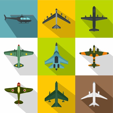 Military aircraft icons set. Flat illustration of 9 military aircraft vector icons for webのイラスト素材