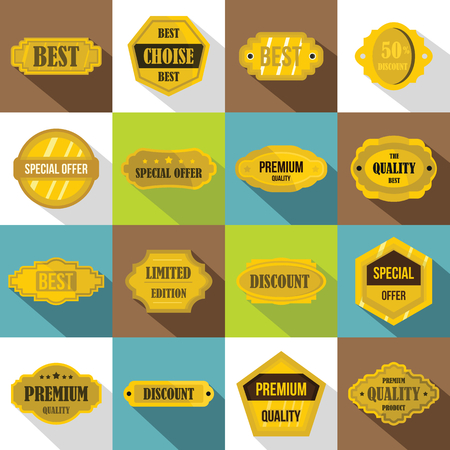 Golden labels icons set. Flat illustration of 16 golden labels vector icons for webのイラスト素材