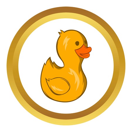Yellow duck toy vector icon in golden circle, cartoon style isolated on white backgroundのイラスト素材