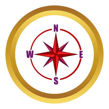 Red compass rose vector icon in golden circle, cartoon style isolated on white backgroundのイラスト素材