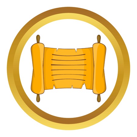 Ancient scroll vector icon in golden circle, cartoon style isolated on white backgroundのイラスト素材