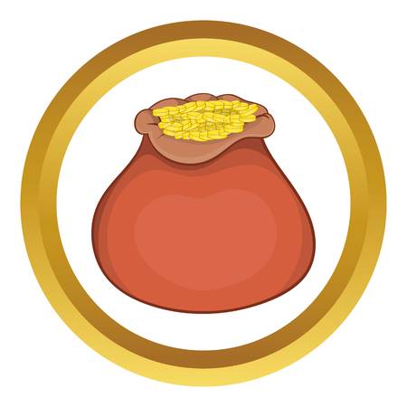 Bag of gold coins vector icon in golden circle, cartoon style isolated on white backgroundのイラスト素材