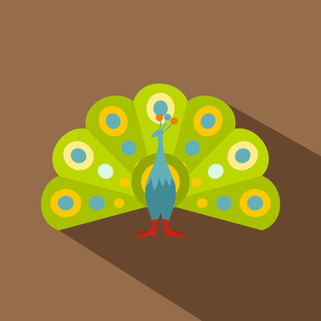 Colorful peacock icon. Flat illustration of colorful peacock vector icon for web isolated on coffee backgroundのイラスト素材