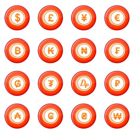 Currency icons vector set of red circles isolated on white backgroundのイラスト素材