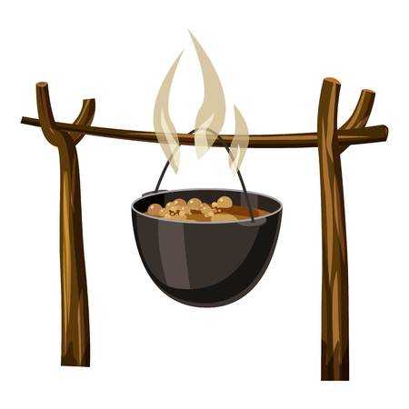 Soup on camp fire icon. Cartoon illustration of soup on camp fire vector icon for webのイラスト素材