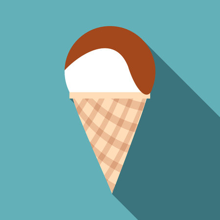 Vanilla ice cream with chocolate sauce icon. Flat illustration of vanilla ice cream with chocolate sauce vector icon for web isolated on baby blue backgroundのイラスト素材