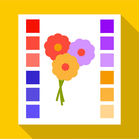 Printed sample with a palette of colors icon. Flat illustration of printed sample with a palette of colors vector icon for web isolated on yellow backgroundのイラスト素材
