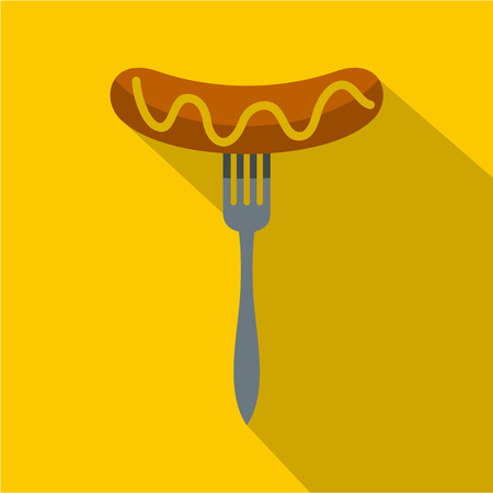 Grilled sausage on a fork icon. Flat illustration of grilled sausage on a fork vector icon for web isolated on yellow backgroundのイラスト素材