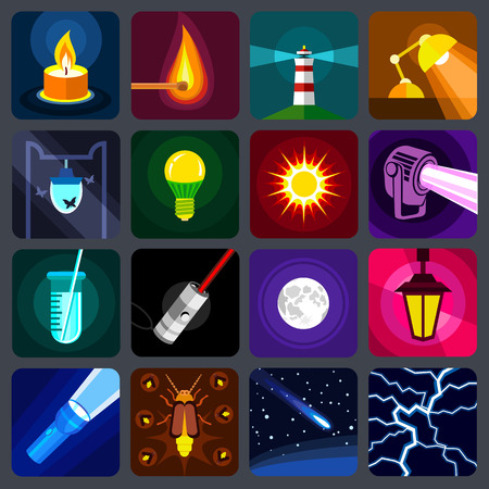 light source icons set. Flat illustration of 16 light source items vector icons for webのイラスト素材