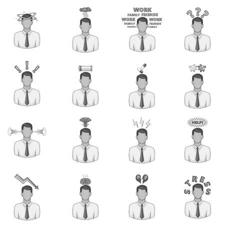 Stress icons set, monochrome styleのイラスト素材