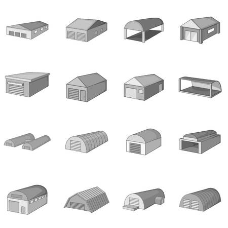 Different hangars icons set in monochrome style isolated on white backgroundのイラスト素材