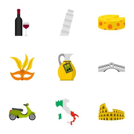 Italy country symbols icons set, flat styleのイラスト素材