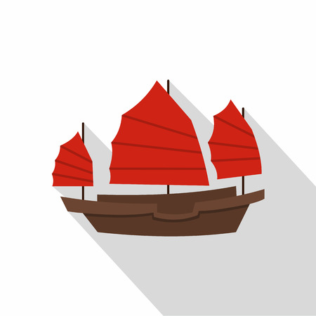 Chinese boat with red sails icon. Flat illustration of chinese boat with red sails vector icon for web on white backgroundのイラスト素材