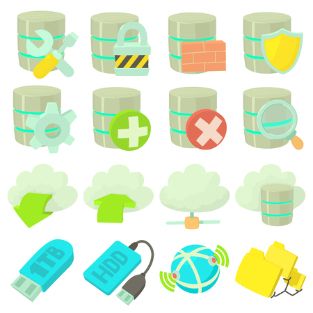 Database symbols icons set. Cartoon illustration of 16 database symbols vector icons for webのイラスト素材