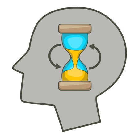 Hourglass inside human head icon, cartoon style