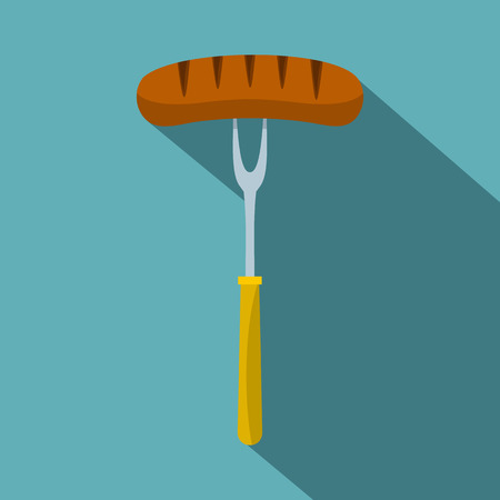 Grilled sausage on bbq fork icon, flat styleのイラスト素材