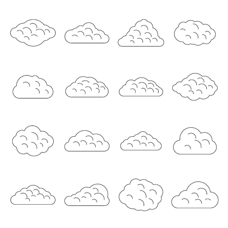 Clouds icons set. Outline illustration of 16 clouds vector icons for webのイラスト素材