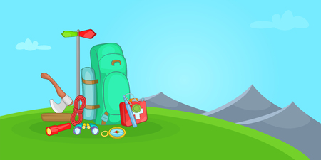 Camping horizontal banner hill, cartoon styleのイラスト素材