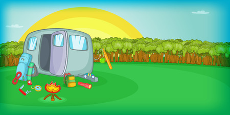 Camping horizontal banner sunset, cartoon styleのイラスト素材
