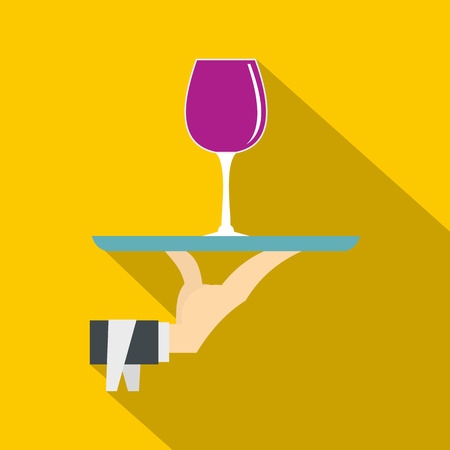 Hand holding tray with a glass of red wine icon. Flat illustration of hand holding tray with a glass of red wine vector icon for web isolated on yellow backgroundのイラスト素材