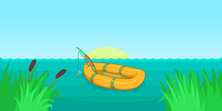 Lake fishing horizontal banner concept. Cartoon illustration of lake fishing vector horizontal banner for webのイラスト素材