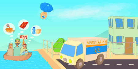 Refugee crisis horizontal banner, cartoon styleのイラスト素材