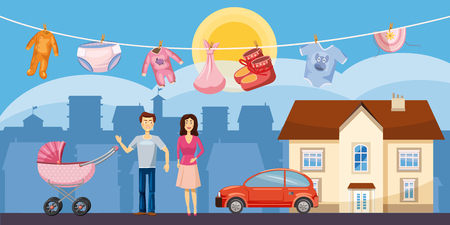 Family horizontal banner city, cartoon styleのイラスト素材