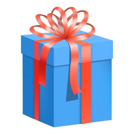 Blue gift box with red ribbon icon, flat styleのイラスト素材