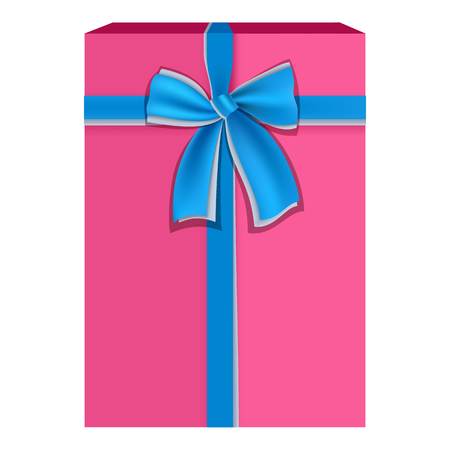 Pink gift box with blue ribbon icon, flat styleのイラスト素材