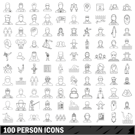 100 person icons set in outline style for any design vector illustrationのイラスト素材