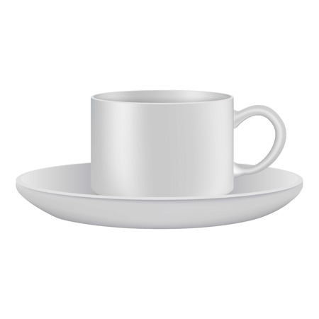 White cup and saucer mockup. Realistic illustration of white cup and saucer vector mockup for webのイラスト素材