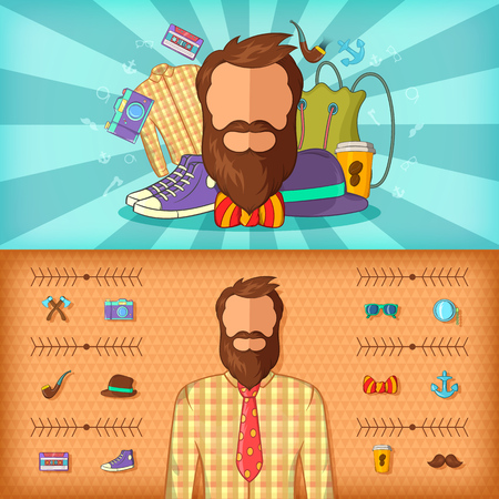 Hipster man banner set horizontal, cartoon styleのイラスト素材