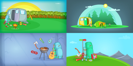 Outdoors banner set horizontal, cartoon styleのイラスト素材