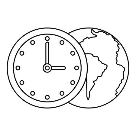 World planet with watch icon in outline style isolated on white background vector illustrationのイラスト素材