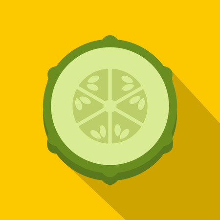 Slice of fresh cucumber icon. Flat illustration of slice of fresh cucumber vector icon for web on yellow backgroundのイラスト素材