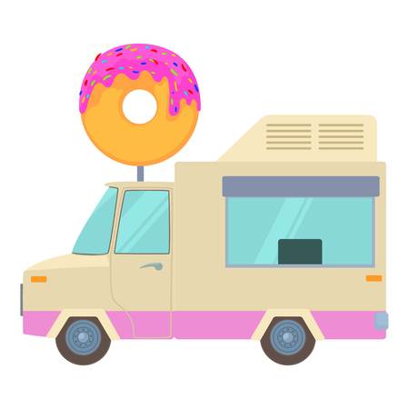 Fast food trailer with donut icon. Cartoon illustration of fast food trailer with donut vector icon for webのイラスト素材