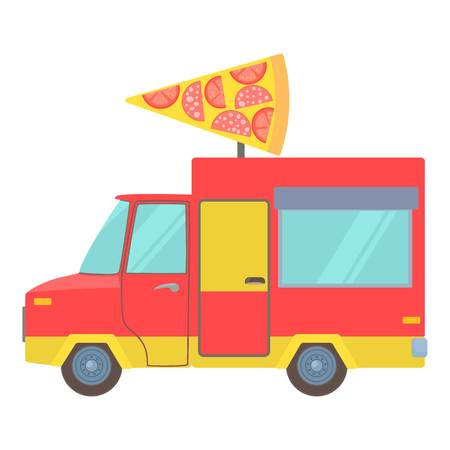 Food truck with slice of pizza icon. Cartoon illustration of food truck with slice of pizza vector icon for webのイラスト素材