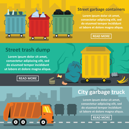 Urban trash work banner horizontal set, flat styleのイラスト素材